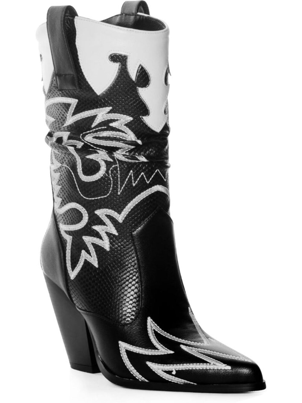 Women Black and White Faux Leather Mid Calf Embroidery Pointed Toe Cowboy Boots